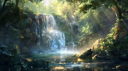 A serene waterfall cascades down mossy rocks, sunbeams break through the dense forest creating a mystical feel