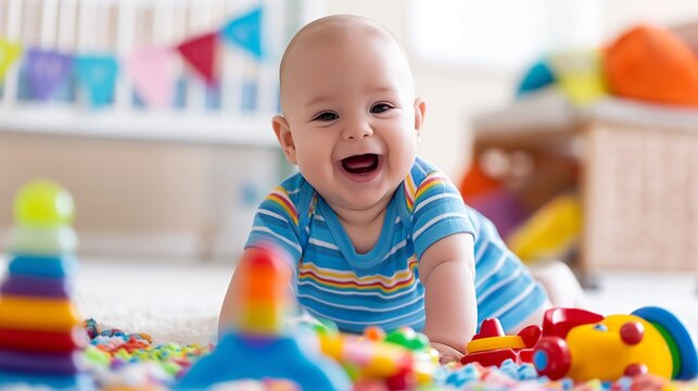 A baby giggling with delight as they play with colorful toys in a bright and airy nursery