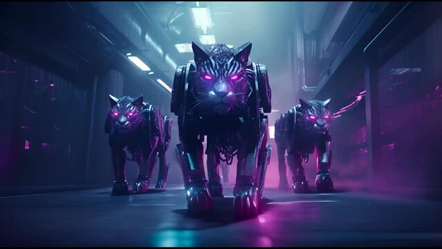 Anthropomorphic fantasy soldier cat in cyborg armor. Fantastic android kitten with weapon in cyberpunk style. Technology and future war concept.