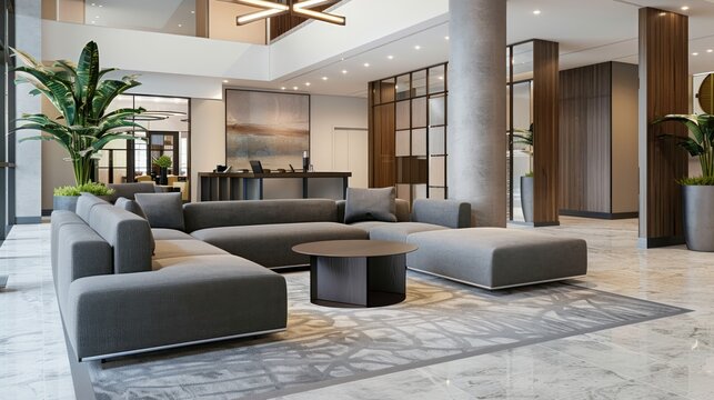 Modern hotel lobby with gray sofas and coffee table, Generative AI