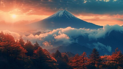 Photo of the mountain peak with dense forest in front, unsplash photography style, with sun rise illustration japan anime style long shot - obrazy, fototapety, plakaty
