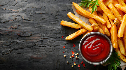 A wooden table with a parchment paper lined basket of french fries and a bowl of ketchup. - obrazy, fototapety, plakaty