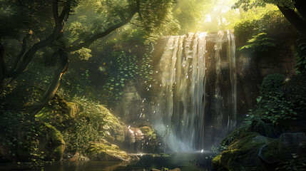 Brilliant sunlight filters through a dense canopy, highlighting the waterfall's downpour amidst the thick jungle
