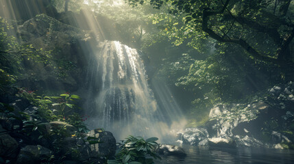 A soft mist surrounds a waterfall that gently flows into a serene pool, enshrouded by the tropical forest - obrazy, fototapety, plakaty