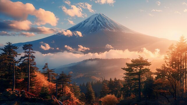 Photo of the peak beautiful Mount Fuji in Japan with sunset, forest and clouds, hyper realistic , unsplash photography style, with sun rise illustration japan anime style