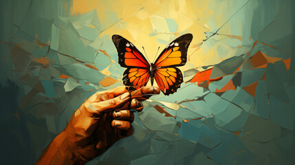 Broken hand with a butterfly surreal painting nature