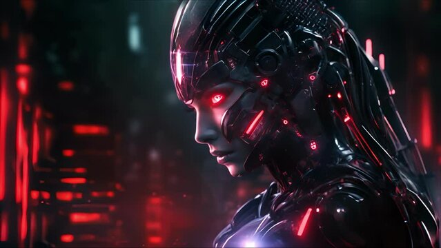 Beautiful cyborg girl on a technological background. Futuristic robot woman. Concept of technology, robotics, artificial intelligence and future.