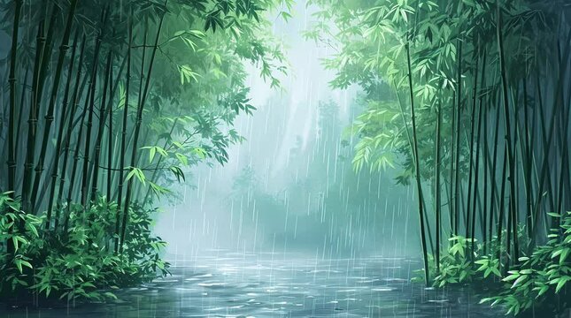 Enchanting forest by the lake in the rain
 Seamless looping 4k time-lapse virtual video animation background. Generated AI