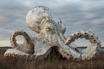 An octopus sculpture with unfurled tentacles stands by the field.