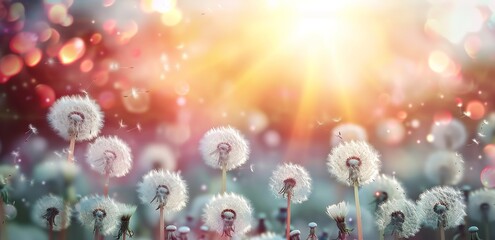 Dandelion Field Illuminated by the Sunset, Bokeh Lights Creating a Dreamy Atmosphere with a Touch of Allergenic Charm. Made with Generative AI Technology - obrazy, fototapety, plakaty