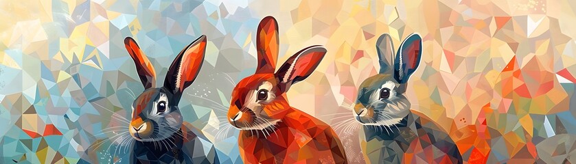 A trio of rabbits depicted in vibrant geometric shapes stand against a multicolored abstract background, creating a modern artistic vibe. - obrazy, fototapety, plakaty