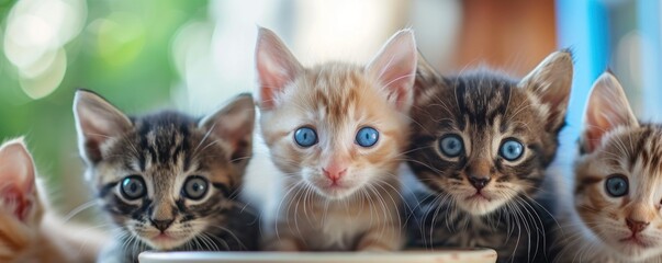 Cute cats or kittens eating food bowls. banner.