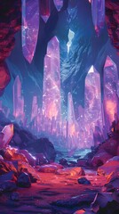 An ethereal landscape of a crystal cave, where towering amethyst formations emit a celestial glow, creating a mystical subterranean realm. - obrazy, fototapety, plakaty