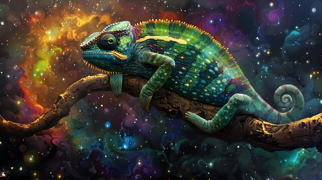 A colorful chameleon embarks on a cosmic voyage, navigating through a universe of starry nebulae and astral colors, perched on a gnarled branch.