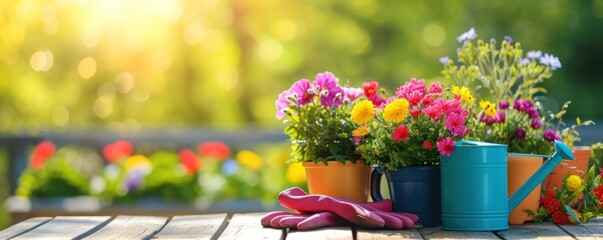 Flowers in pots with watering can and gloves for garden works in summer background - obrazy, fototapety, plakaty