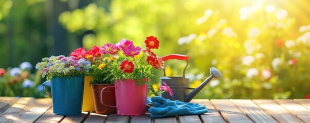 Flowers in pots with watering can and gloves for garden works in summer background