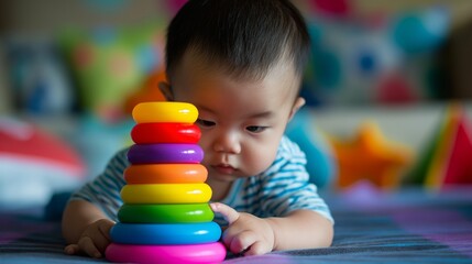 A baby playing with a set of stacking rings, concentrating intently as they try to stack them - obrazy, fototapety, plakaty