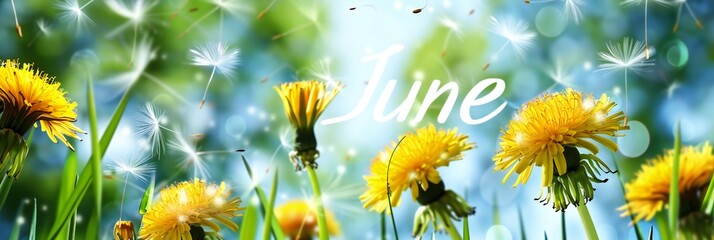 Hello june flowers. Banner hello june. New season. Summer. Dandelions. Yellow summer flowers. Dandelions flowers with place for text. Bright yellow flowers and green grass. panorama