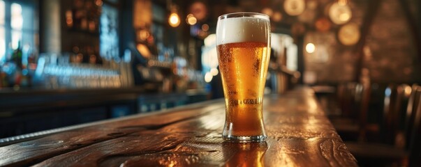 Clear glass of cold beer in cozy pub. Beer with foam banner - obrazy, fototapety, plakaty