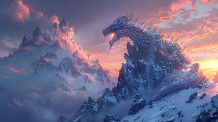 A fearsome dragon with eyes aflame surveys the realm from a snowy mountain peak against a backdrop of a stunning sunset. - obrazy, fototapety, plakaty
