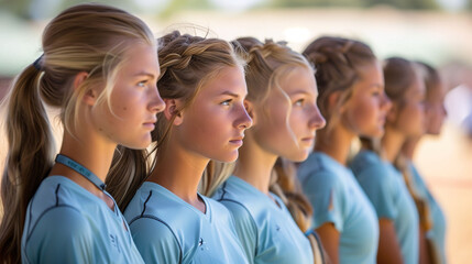 Portrait of athletic girls standing in a row with ponytails on their heads - obrazy, fototapety, plakaty
