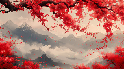 Vibrant digital art of a mountainous landscape with red blossoming trees forming a heart shape in the sky. - obrazy, fototapety, plakaty