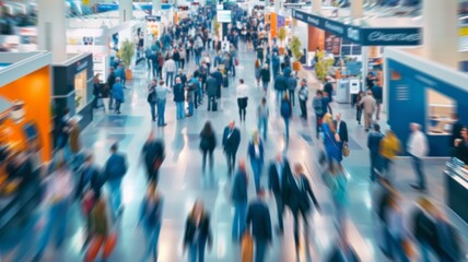 Obraz premium Blurred Trade fair show background, exhibition with booths for business, companies and industry to showcase and demonstrate products and services, for people, partners and customers