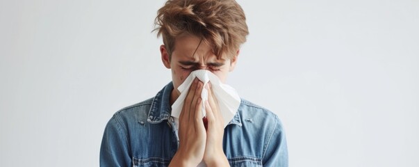 Unhealthy sick man sneezing in to tissue on white background. allergy sneezing concept. banner - obrazy, fototapety, plakaty