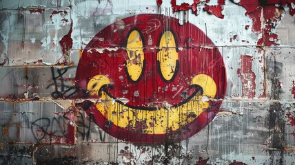 Graffiti of smiley faces on peeling wall - A peeling urban wall, adorned with a graffiti of large smiley faces, exudes street art vibes