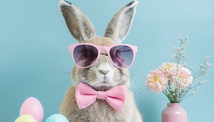 FuEaster greeting card - Cool Easter bunny, rabbit with pink sunglasses and bow tie.