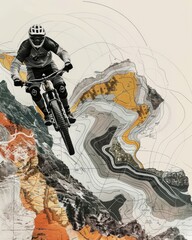 Motorcyclist jumps against a topographic background - An aggressive motorcyclist leaps mid-air with a detailed topography map blending sport and geology