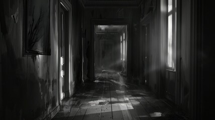 Mysterious figure in a dark, eerie corridor - A shadowy figure stands still in a dimly lit corridor with peeling walls, creating an atmosphere of suspense and horror