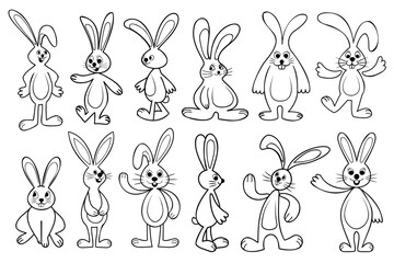 line art bunnies drawing set. Collection of vector cartoon rabbits contour illustrations with black thin contour line.