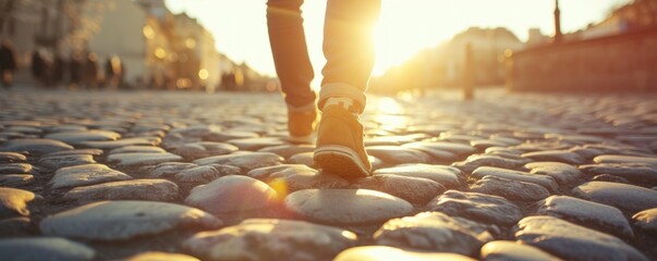 Man foots walking on the city street in sunny backlight - obrazy, fototapety, plakaty