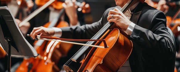 Fototapeta premium Talented man musician playing violin on music concert. banner