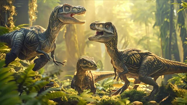 AI-generated dinosaurs in a prehistoric landscape. Perfect for educational materials, scientific publications, and digital art. The concept of time when dinosaurs ruled the Earth.