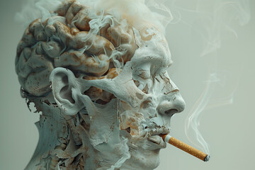 Illustration of a skull with its brain shrouded in smoke.  - obrazy, fototapety, plakaty