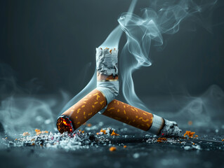 Extinguished cigarette with smoke symbolizing impact of smoking on respiratory system. 
