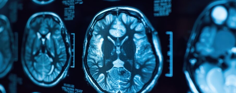 Human brain scan on screen. X-ray of the head on black wall