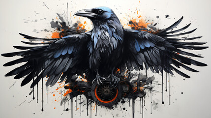 Drawing of a raven with elements of abstraction