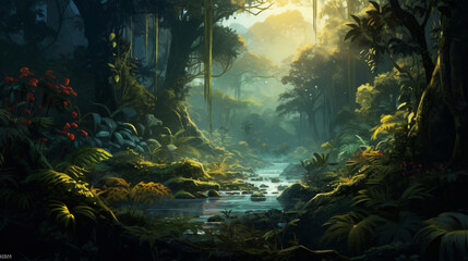 Dreamy fantasy deep jungle lush vegetation digital illustration - obrazy, fototapety, plakaty