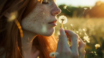  woman with a dreamy expression, holding a single dandelion seed and blowing it gently into the air © boti1985