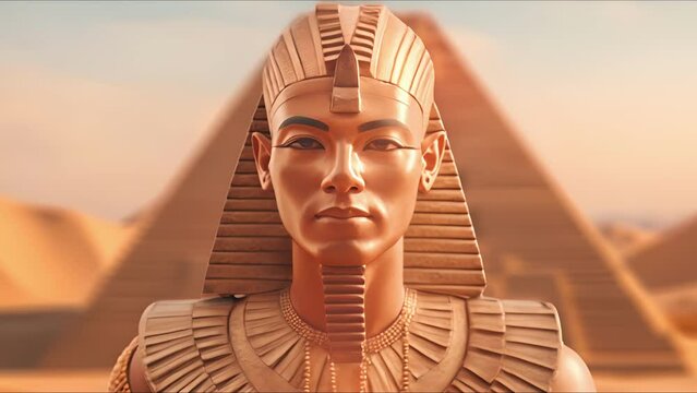 Close-up portrait of an Egyptian pharaoh in royal attire and his entourage. Ancient Egypt concept. Ai-generated.