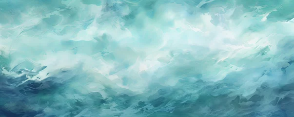 Poster Im Rahmen Teal and white painting with abstract wave patterns © Celina