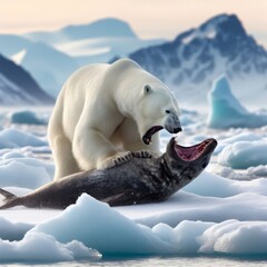 Polar bear stalks and attacks seal on pack ice 
