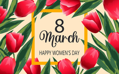 International Women's Day. Spring card with scarlet tulips around a square frame.  - obrazy, fototapety, plakaty