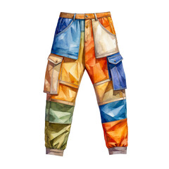 A patchwork cargo pants, with a mix of textures and colors, watercolor painting, clothing, modern street wear, vector illustration, colorful pant, for clothing ad promo, presentaiton, scrapbook,cutout