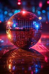 Mirrored disco ball shines under various lights, creating dazzling reflections and transforming spaces into vibrant dance floors.