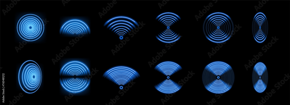 Aufkleber wi-fi light and wireless networking with a wave effect collection. glowing blue signal wifi, sensor,