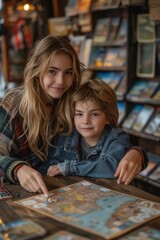 Fototapeta premium Mother and child bond joyfully at the table, engaging in interactive board game activities